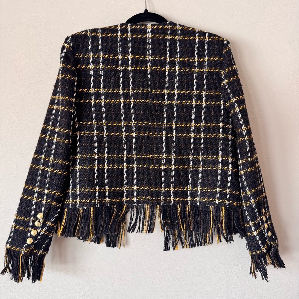 L’AGENCE Belmont Fringe Tweed Jacket Black Yellow Plaid Gold Buttons NWT Size 8 - Picture 3 of 16